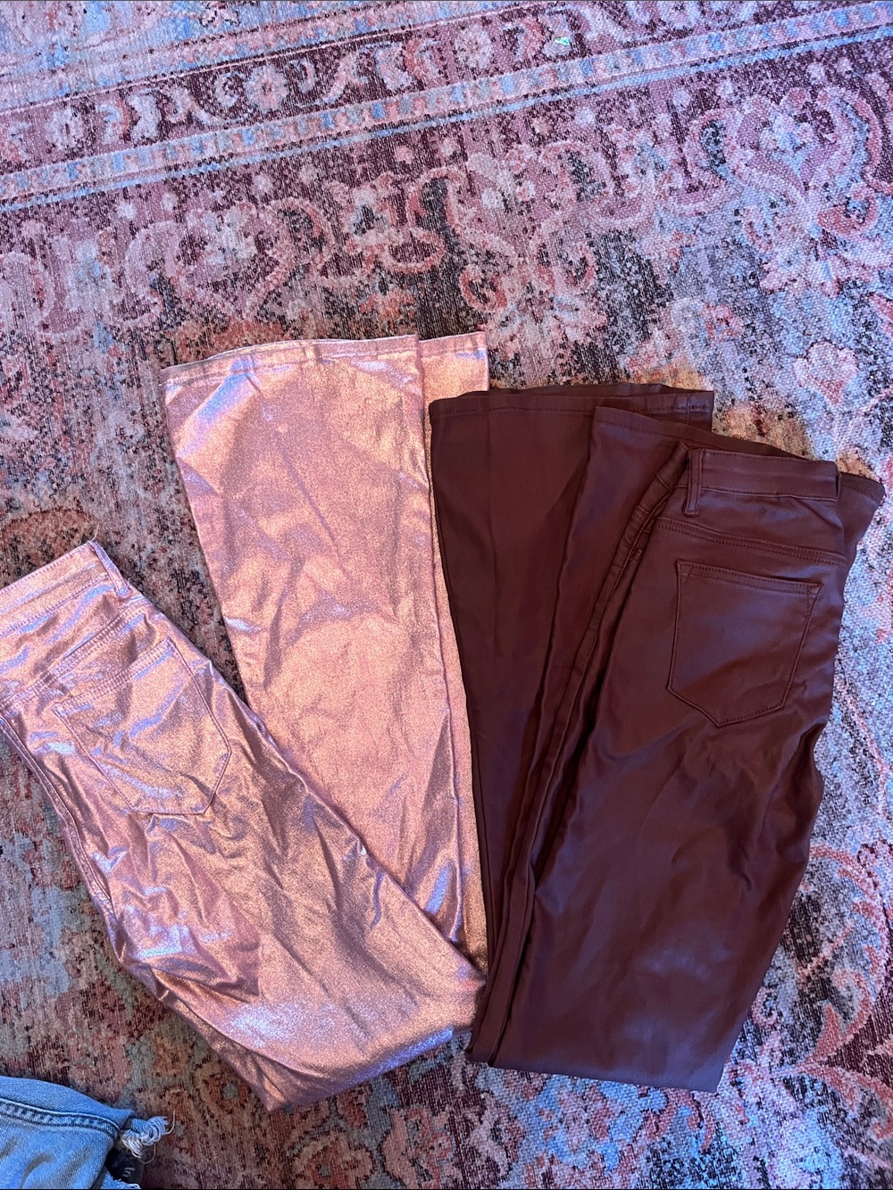 Metallic Pink Flare Pants + Dark brown Skinny bootleg leather Pants